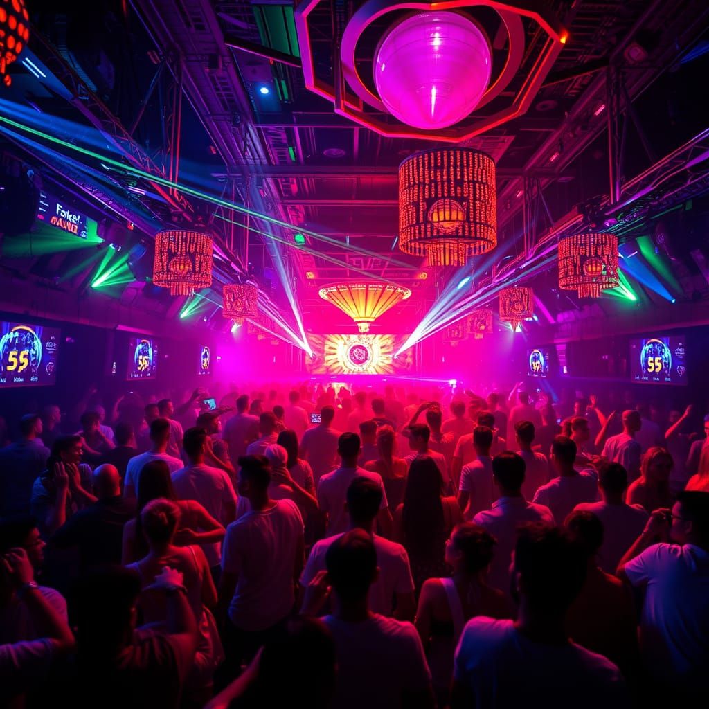 Hyperrealistic Neon Rave Scene with Energetic Crowd