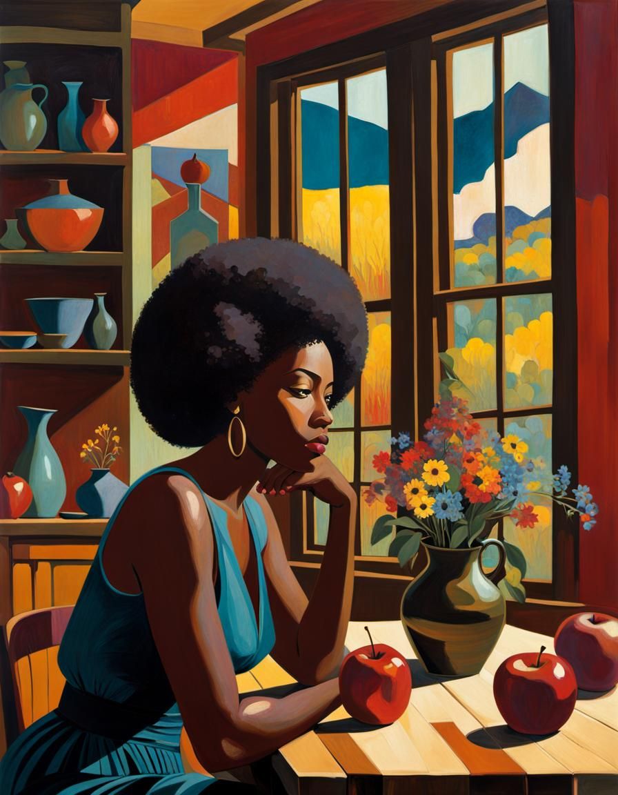 African American Modernist Woman with Apple, Kitchen Table,....