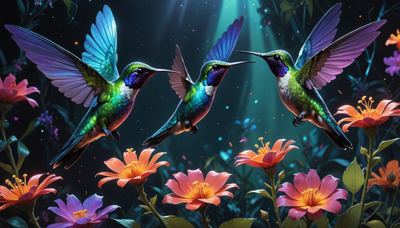 Bioluminescent Hummingbird Sipping Nectar: Digital Matte Pai...