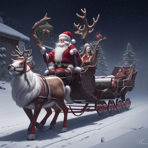 🎅 Santa Claus riding in his sleigh pulled by reindeer throu...