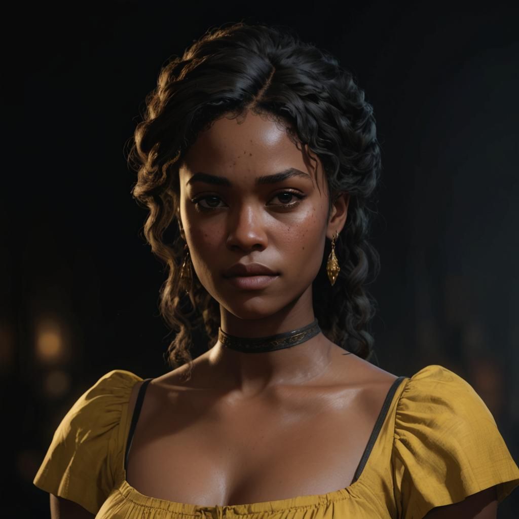 Surreal Yellow Dress Portrait of a Black Woman in a Cyberpun...