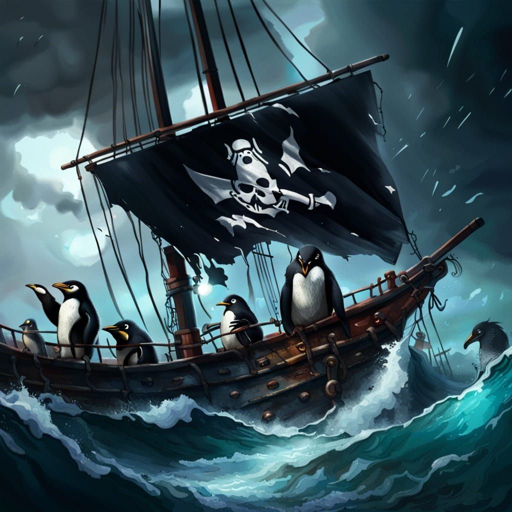 Pirate Penguins Sail the Stormy Seas in Vivid Hyperrealism