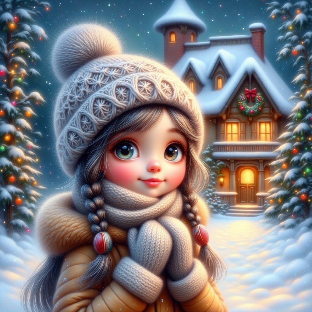 Young Girl in Snowy Village Twilight Watercolor