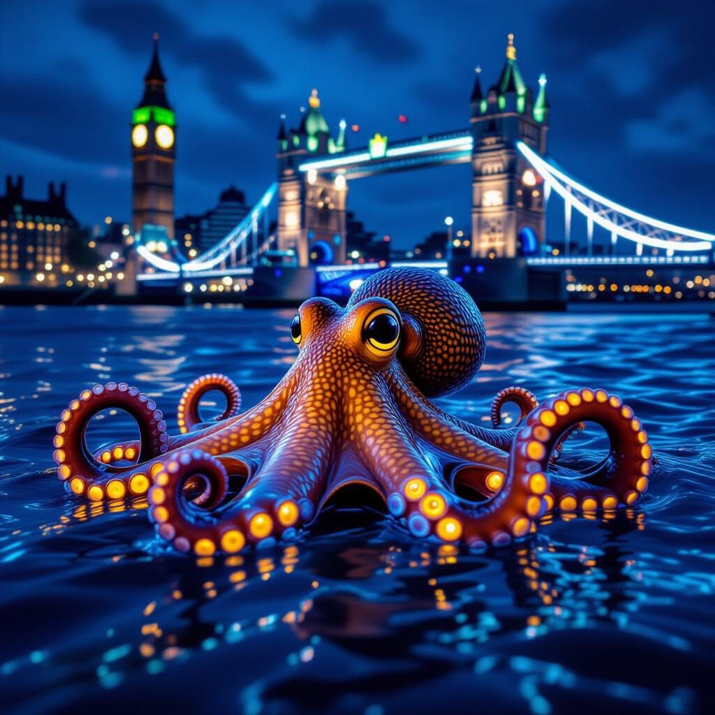 Glowing Octopus in Dark Ocean, Underwater Photography Style