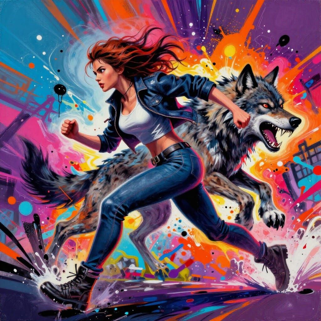 Woman Flees Werewolf in Vibrant Street Art Chase