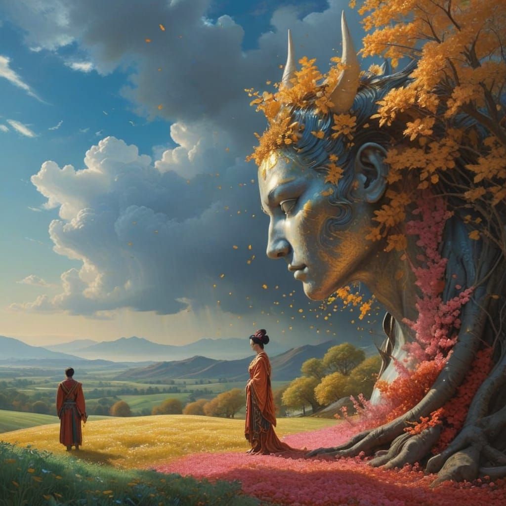 Chimaera With Matador, Harlequin, and Geisha in Photorealist...