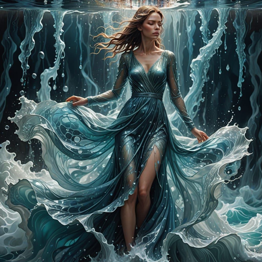 Woman in Flowing Water Dress With Raging Sea Hem