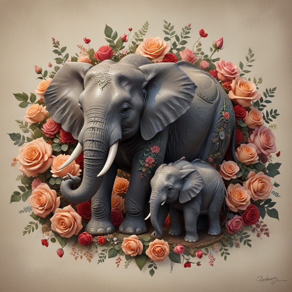 Miniature Elephant Awakens Mother on Rose Bed