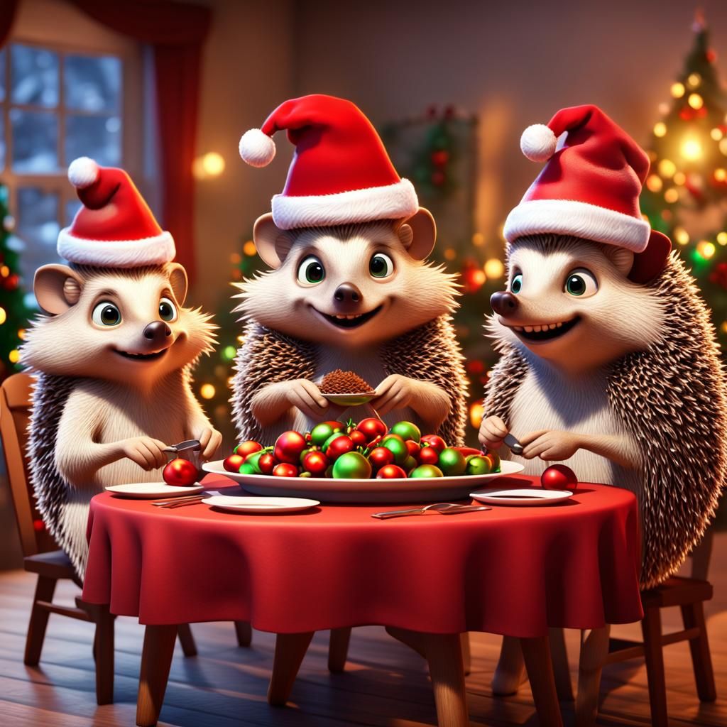 Joyful Hedgehog Family Christmas Celebration in Vibrant Digi...