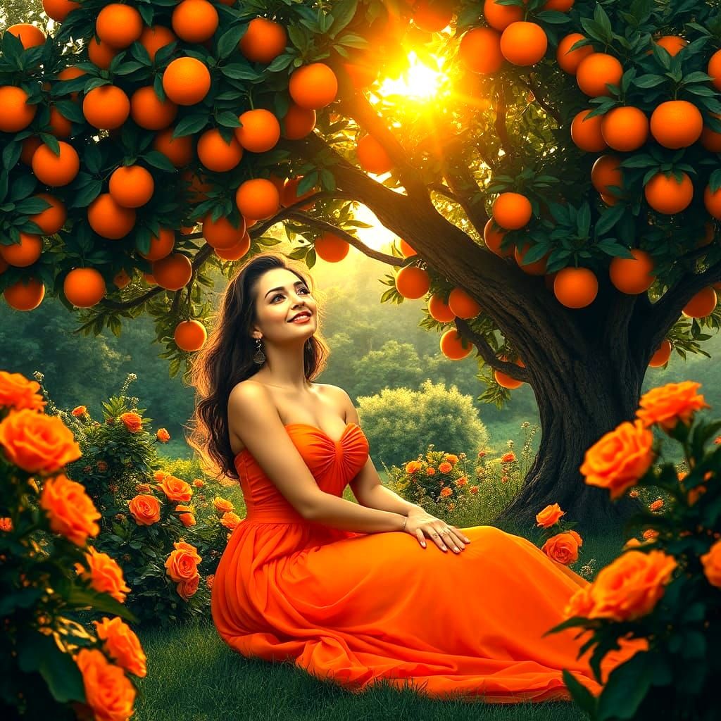 Stunning Female Figure Amidst an Orange Grove