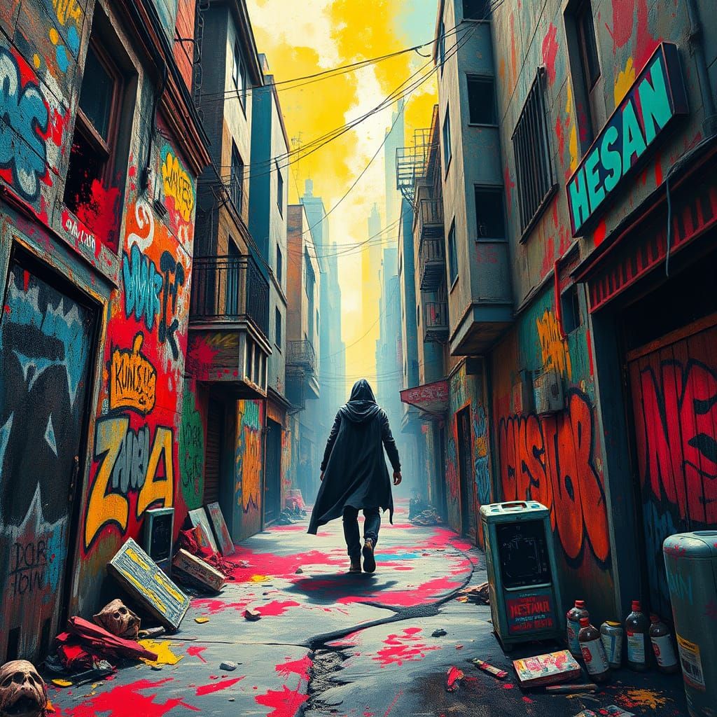 Lone Figure in Vibrant Plague Cityscape with Graffiti Art
