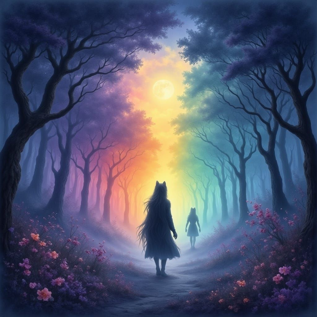 Mystical Figure Illuminated by a Rainbow in Dreamlike Waterc...