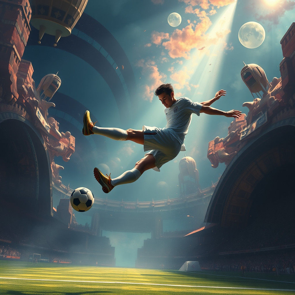 Ethereal Football Bicycle Kick in Vibrant Fantasy Landscape