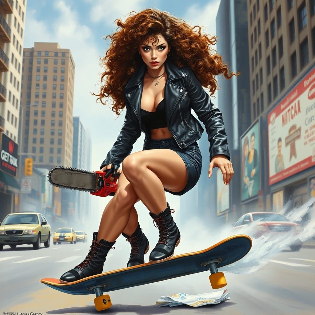 Muscular Brunette Rides Chainsaw Skateboard Through City in ...