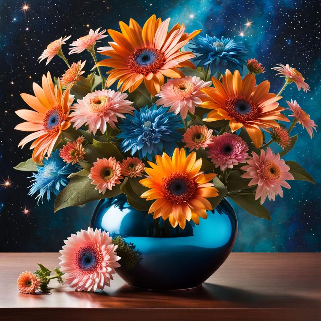 Surreal Cosmic Vase Blooms in a Radiant Universe