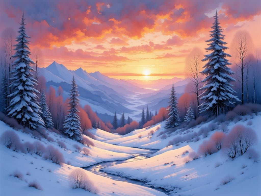 Majestic Winter Sunset Landscape with Mountains and Frozen T...