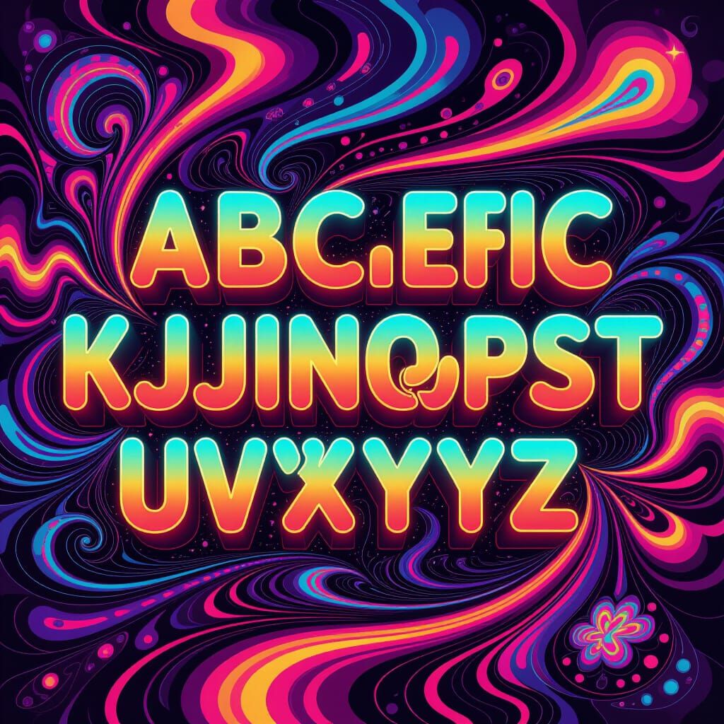 Psychedelic Neon Alphabet Letters in Abstract Digital Art