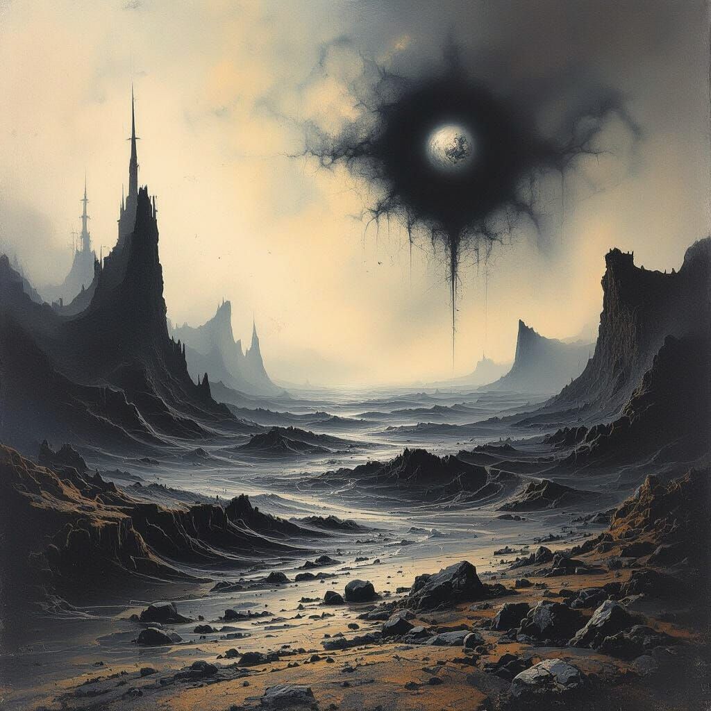 Desolate Earth with Black Waters in Dark Surrealist Style