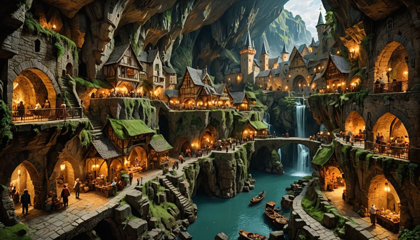 A very (big:1.3), (underground:1), (medieval:1.2) terraced c...