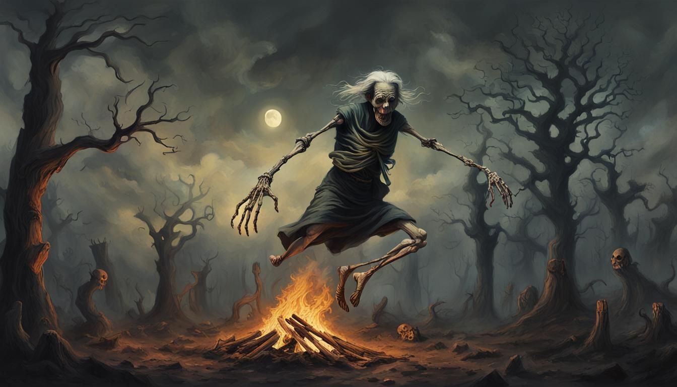 Skeletal Old Woman Dances by Twisted Tree Bonfire Under Full...