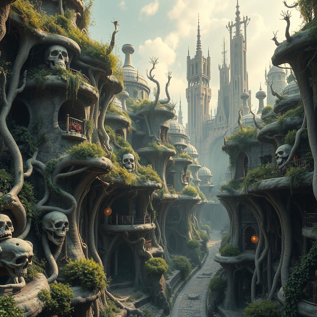 Organic Solarpunk City Inspired by Giger and Gaudí