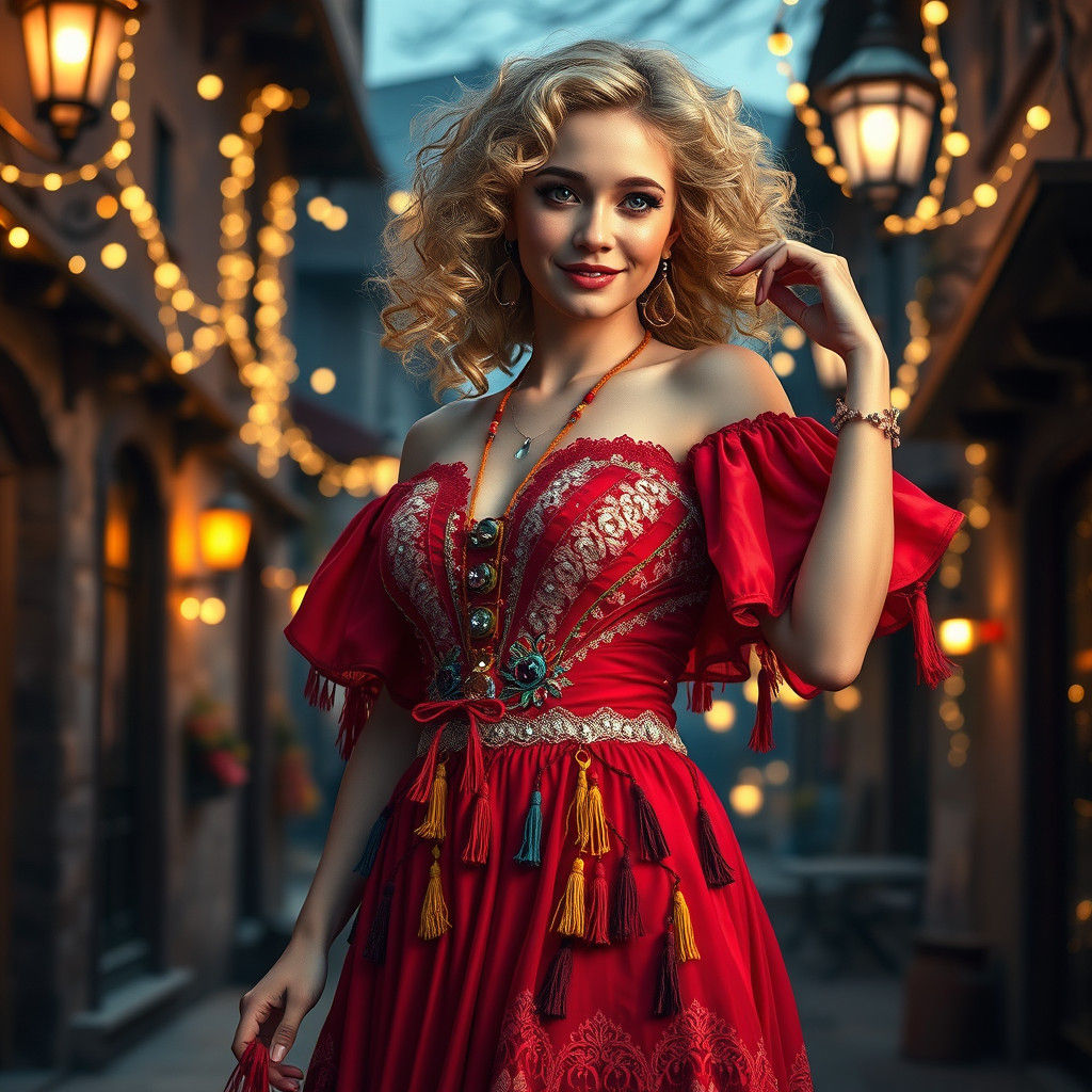 Stunning Red Gypsy Dancer in Whimsical Medieval Setting