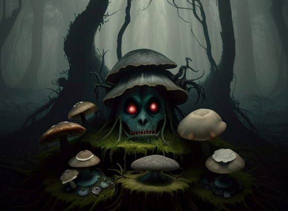 Grotesque Mushroom Face in Dark Fantasy Forest