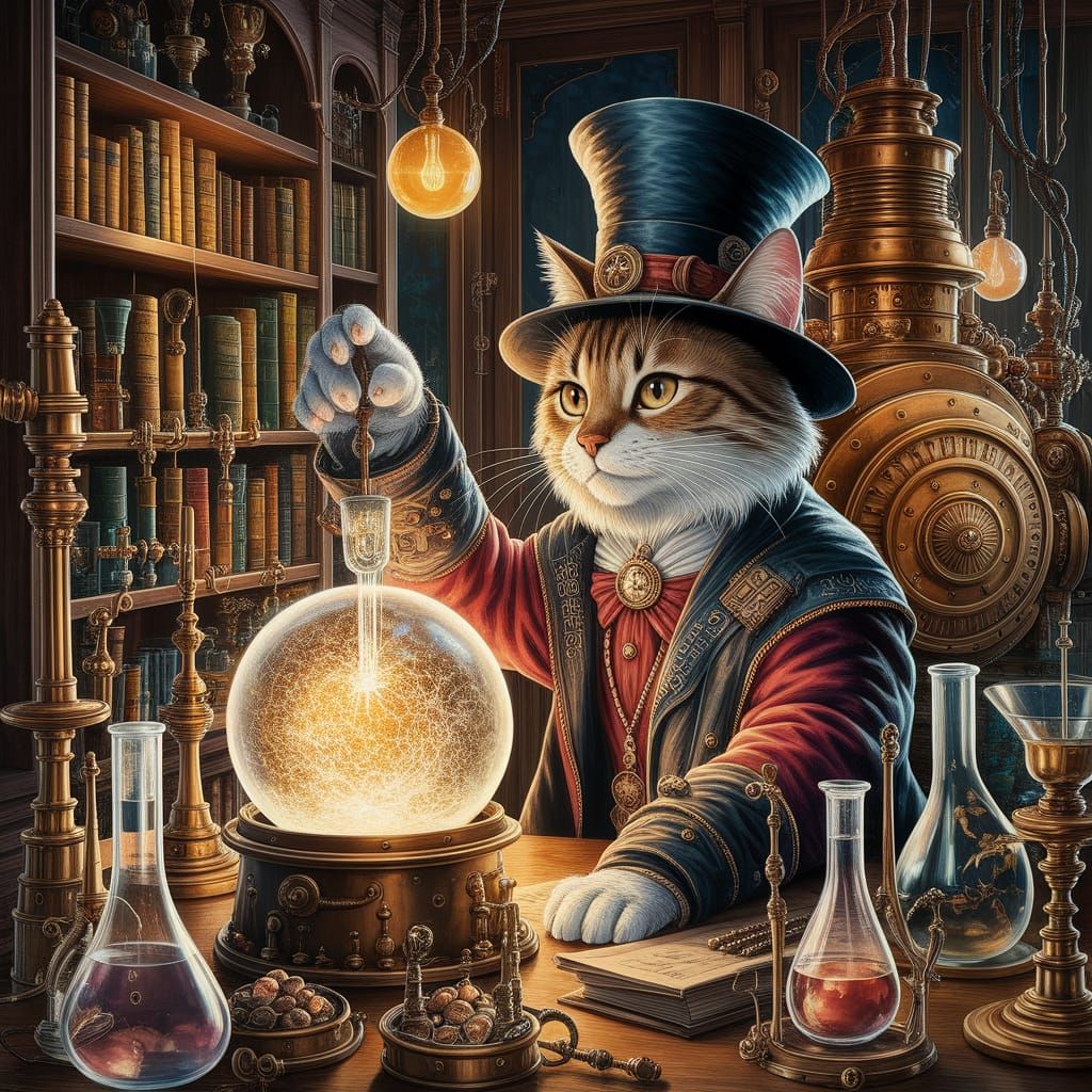 Alchemist Cat in Steampunk Lab Oil Painting