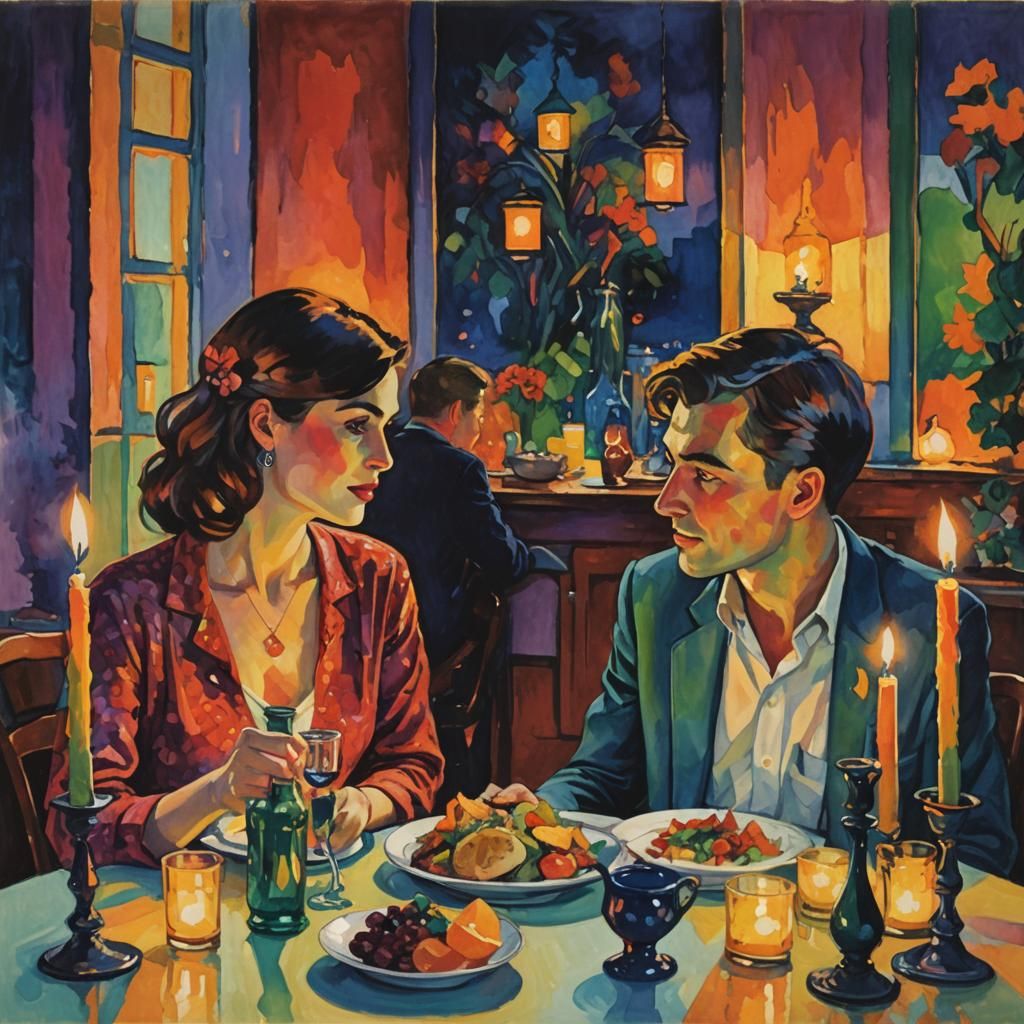 Romantic Couple in Fauvist Candlelight