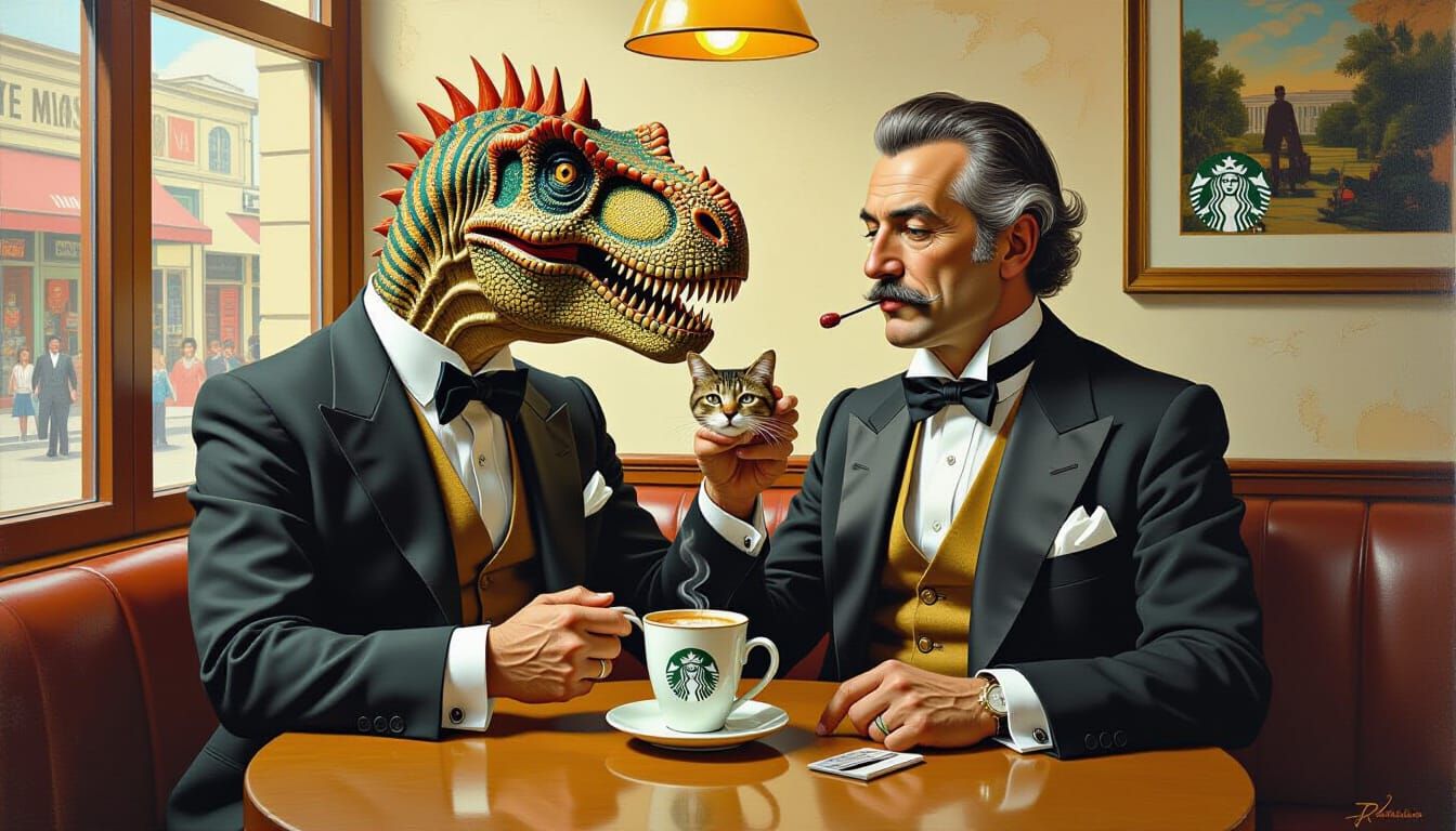 Dinosaur's Surreal Starbucks Feast: Abstract Art