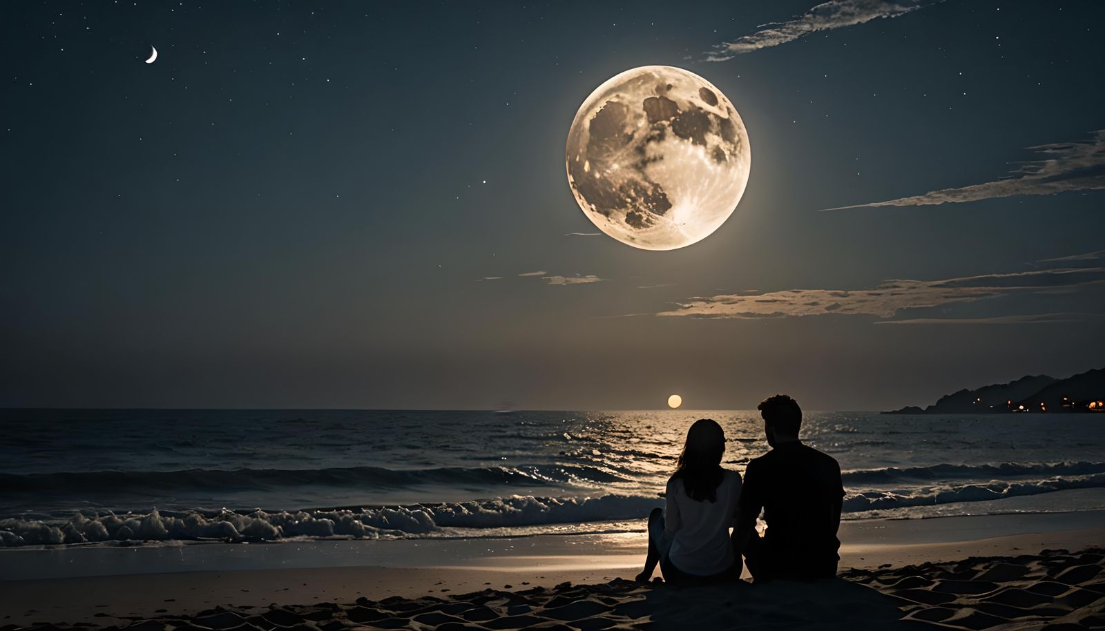 two lovers sitting on the beach silhouetted by the moon, int...