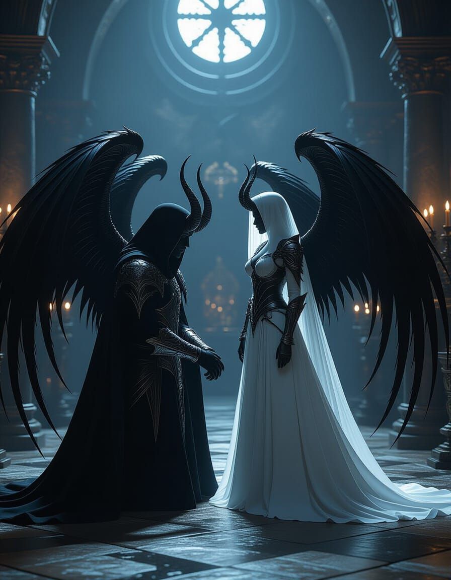 Archangel Demon Astaroth Kneels Before Bride in Baroque Cham...