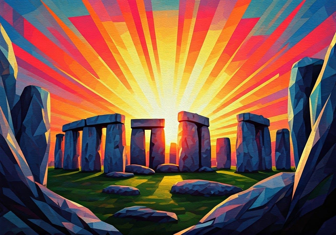 Surreal Winter Solstice at Stonehenge in Fauvist Cubism Styl...
