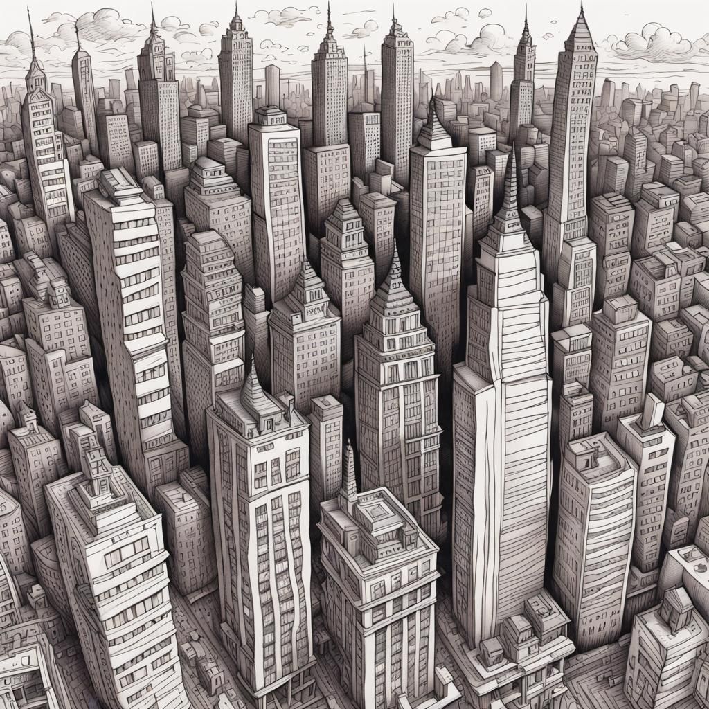 Doodle art, picture of a big city with intrinsic details.