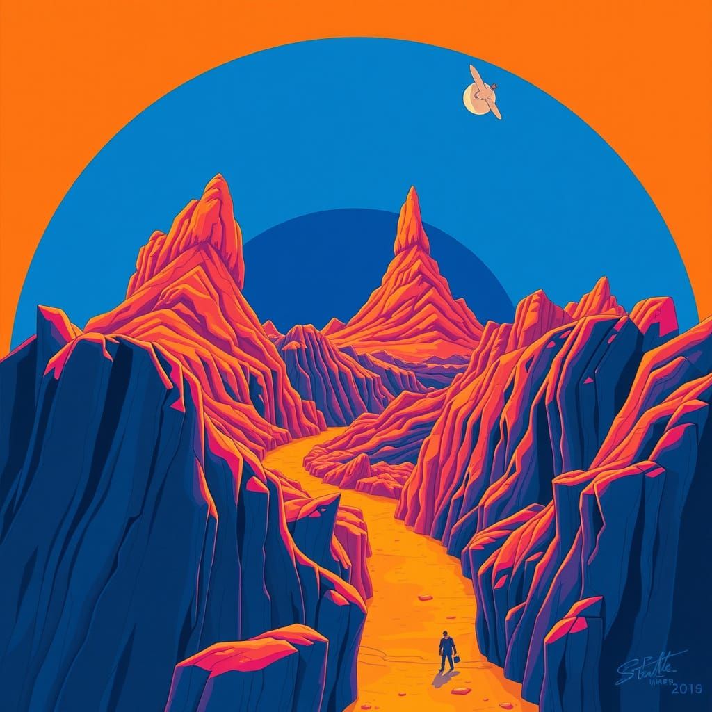 Surrealist Precisionist Gouache of Voba Doba Doi in Ultramar...