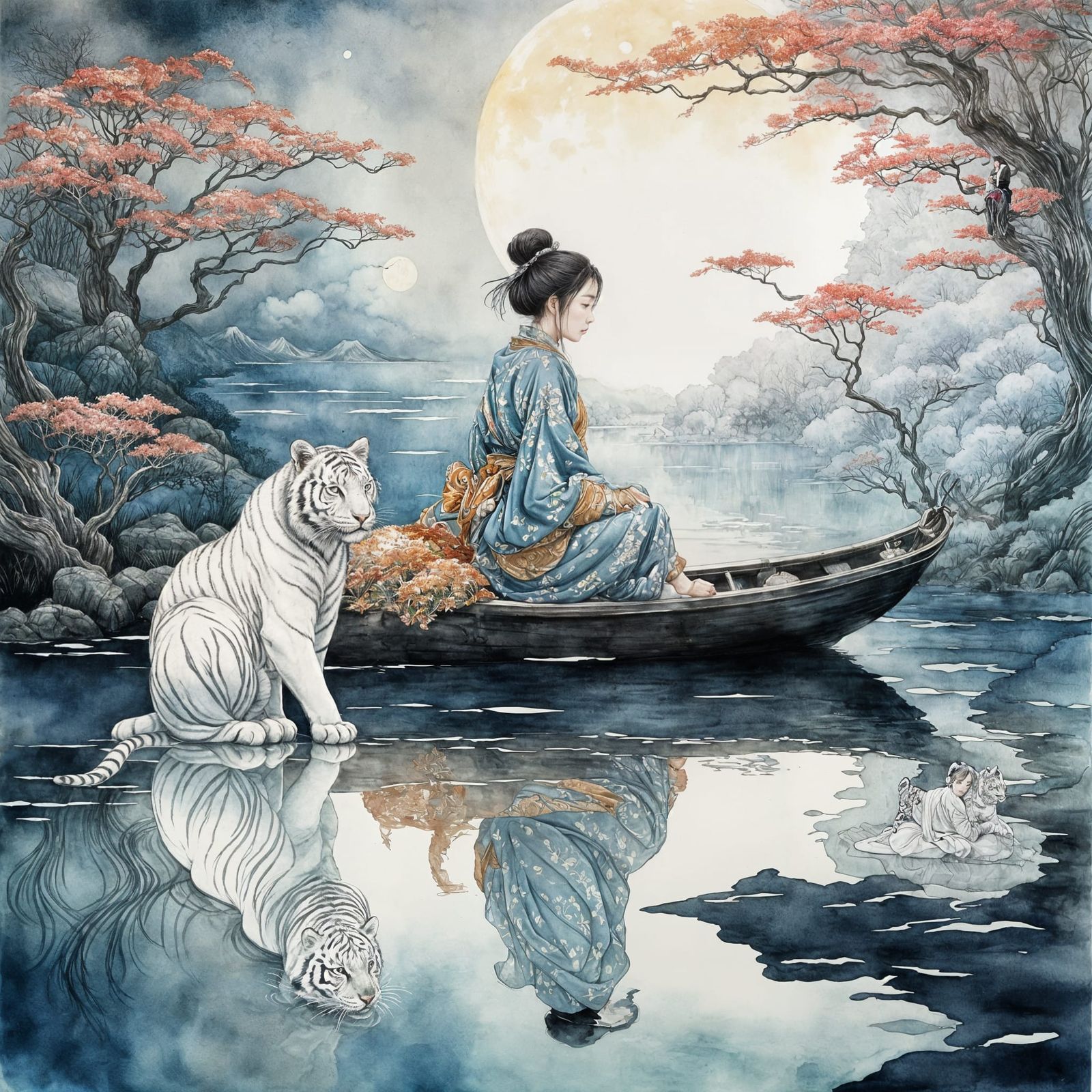 Japanese Lady with White Tiger Reflection