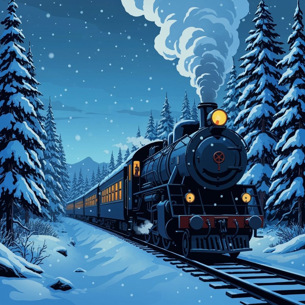 Vintage Steam Train in Snowy Forest Travel Poster Illustrati...