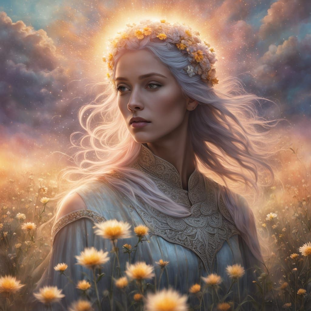 Woman with Starlight Hair in Flower Field