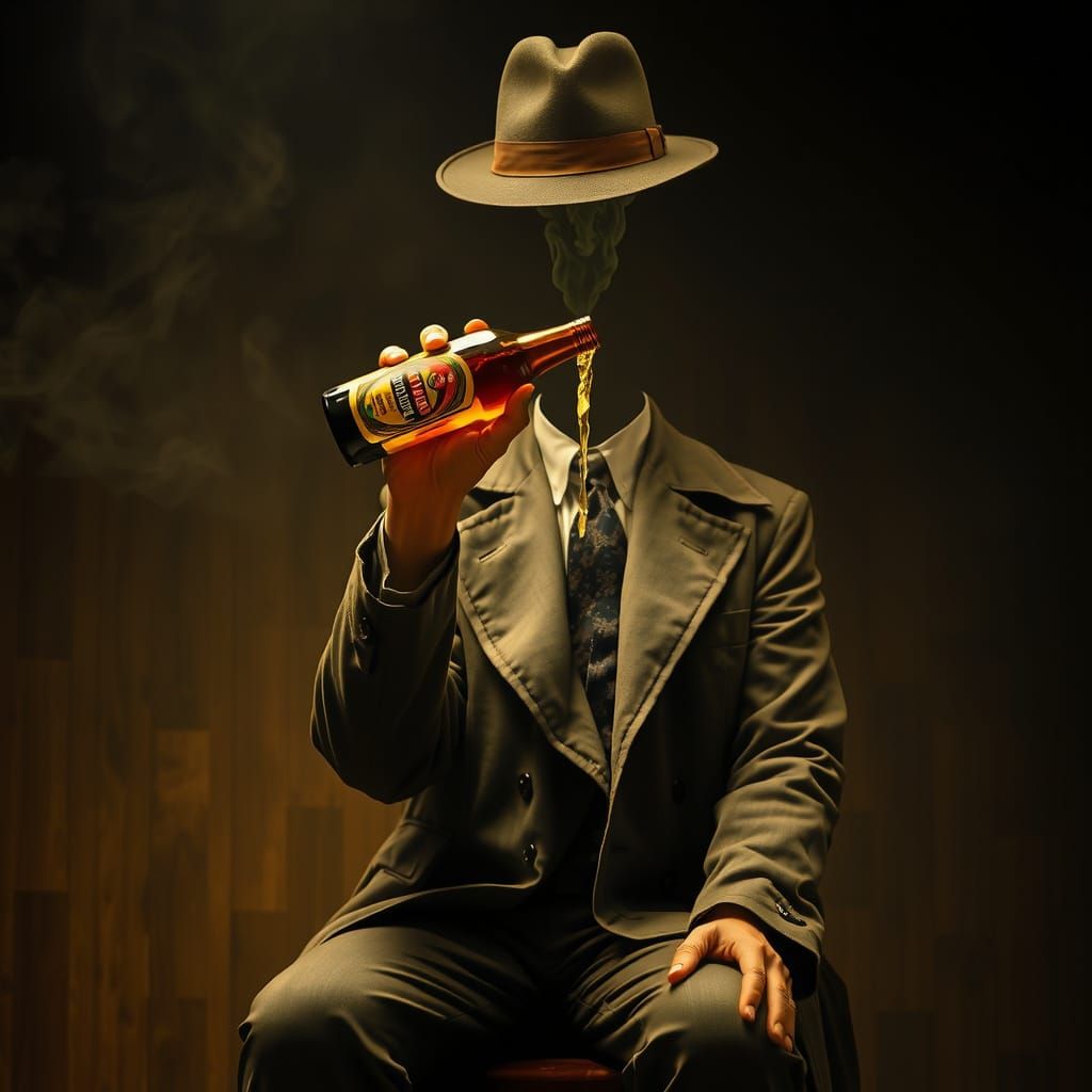 Surrealist Figure Sits in Smoky Atmosphere, Beer Bottle Susp...