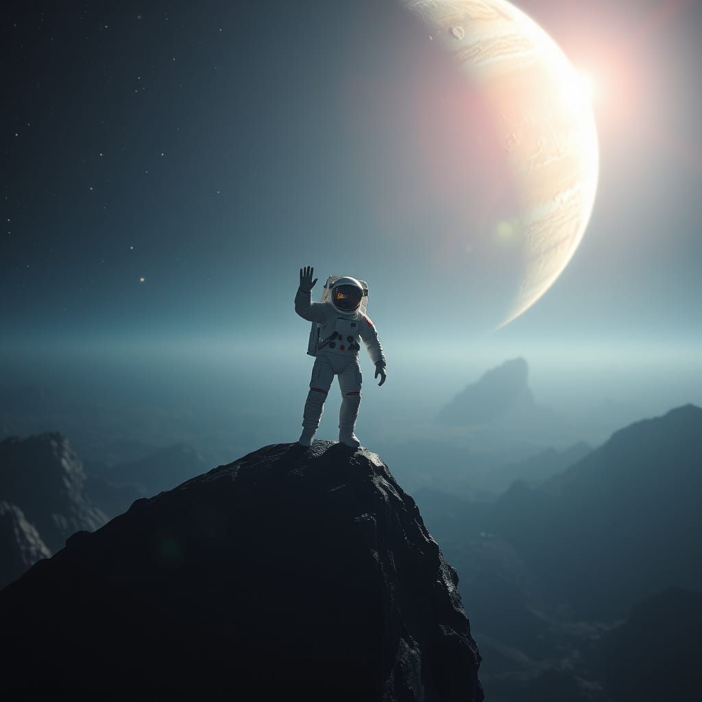 Astronaut on Jet Black Monolith Under Jupiter's Glowing Ligh...