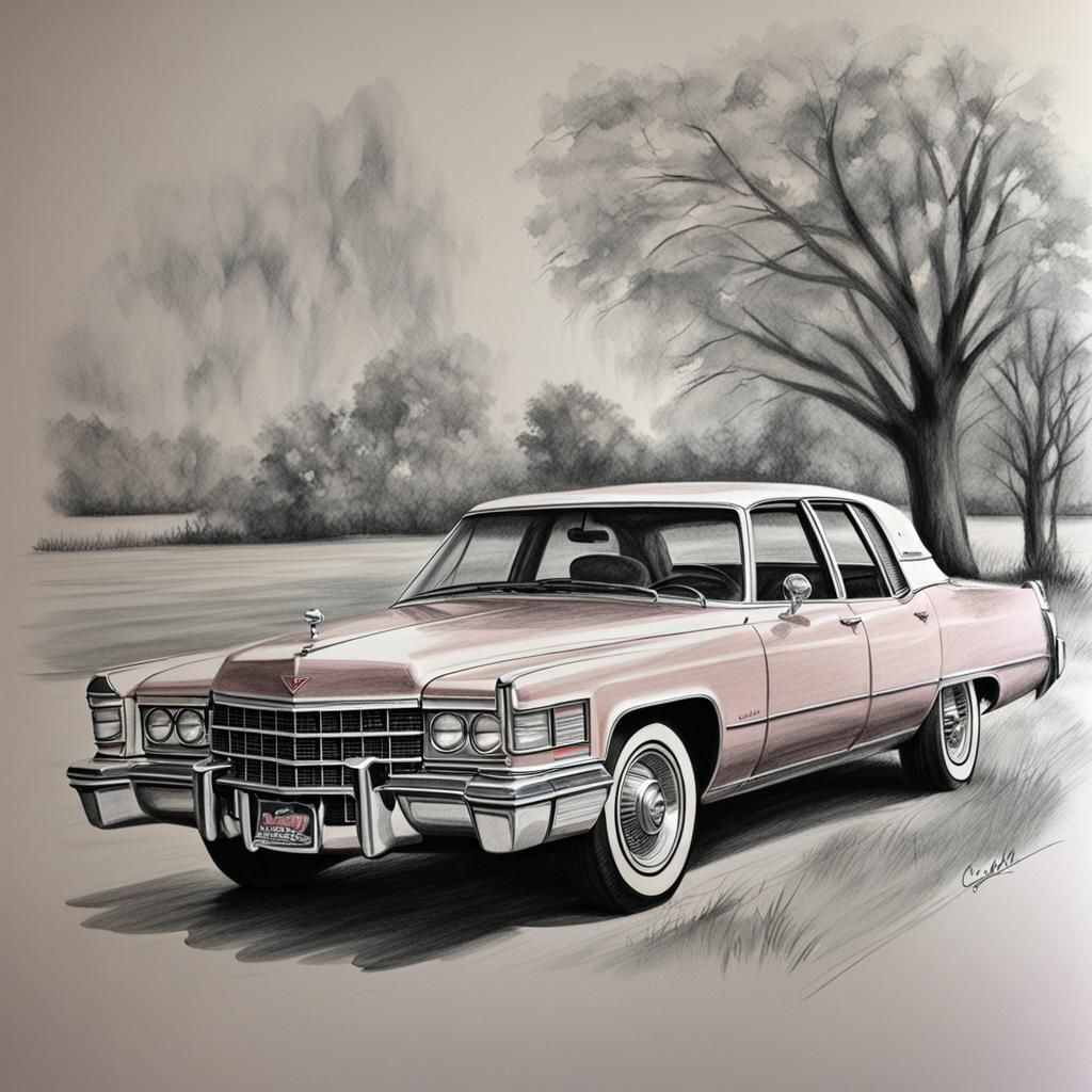Classic Car Drawing in Pastel Pink with Rustic Pencil Sketch...