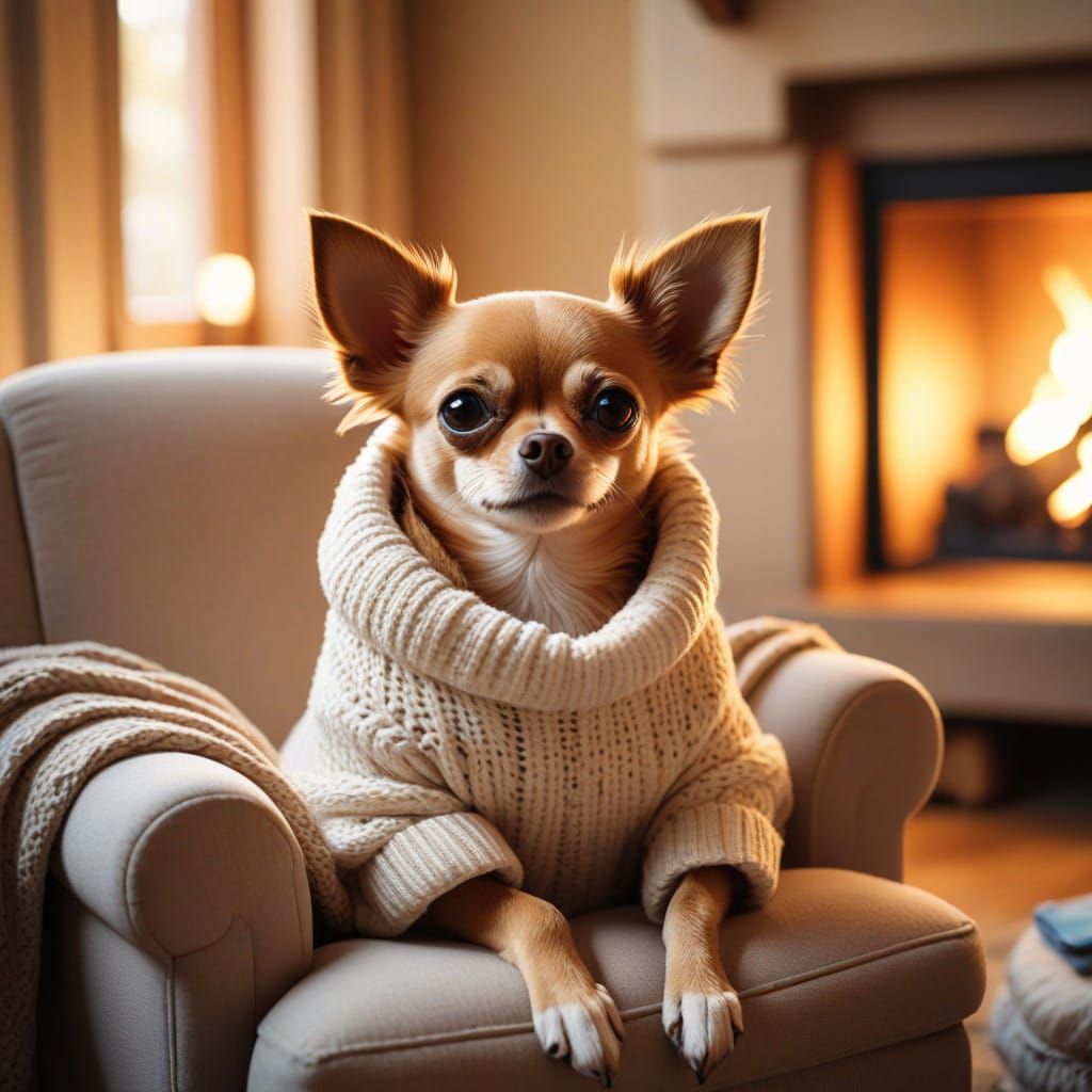 Cozy Cartoon Chihuahua in Easy Chair Beside Fireplace