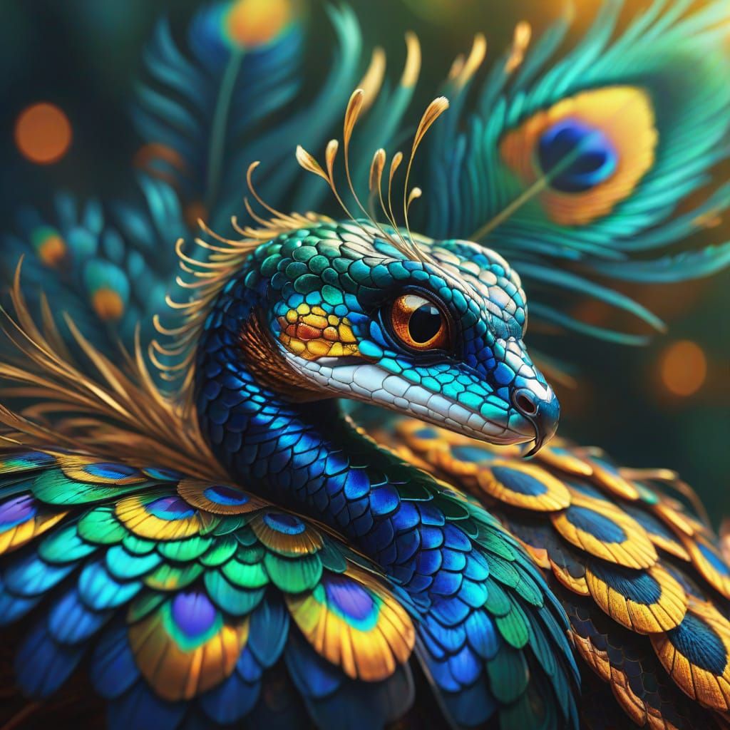 Peacock Snake Hybrid with Iridescent Feathers