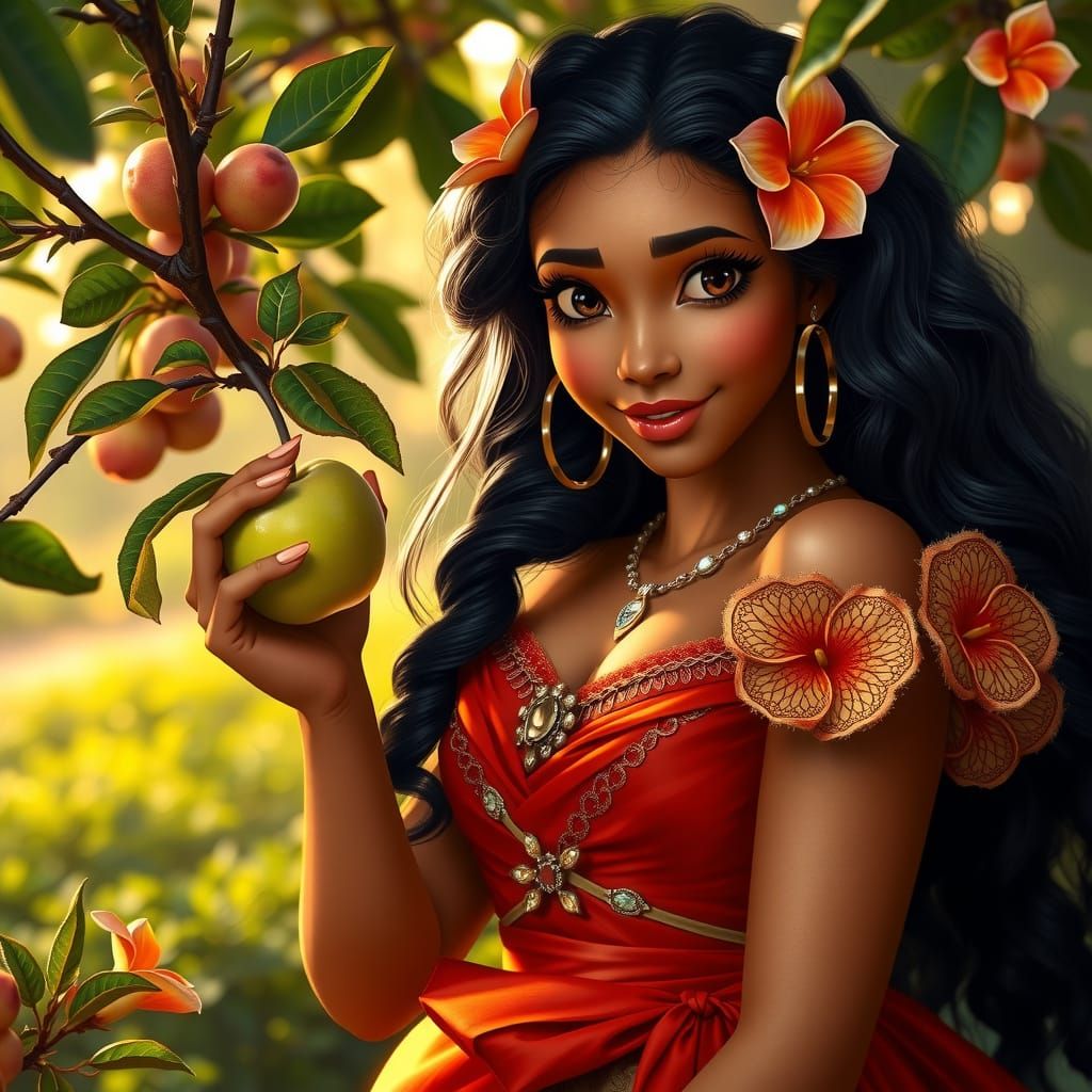 Princess Moana Picking Apple in Sunlit Orchard