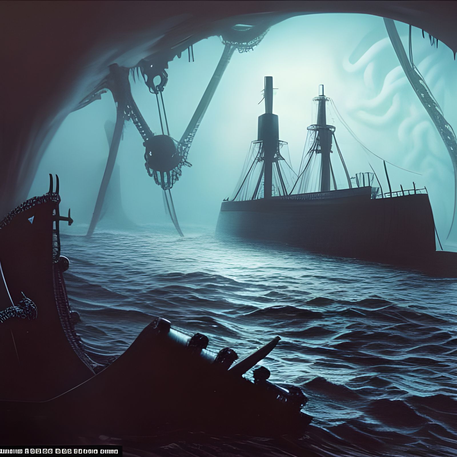 Epic Cthulhu Underwater Scene with Titanic Wreck in the Fore...