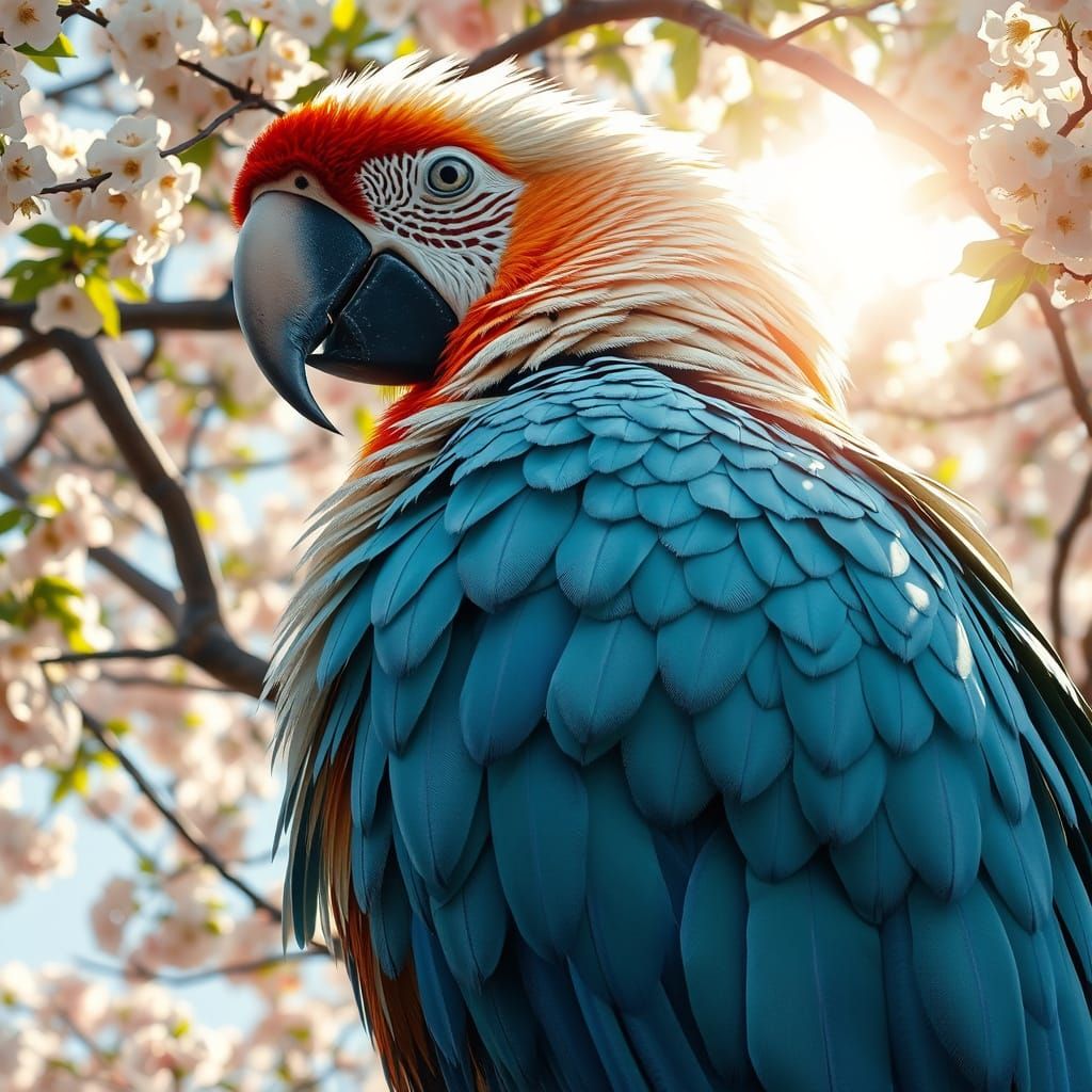 Crystal Macaw in Sunlit Tree: Hyperrealistic Digital Art
