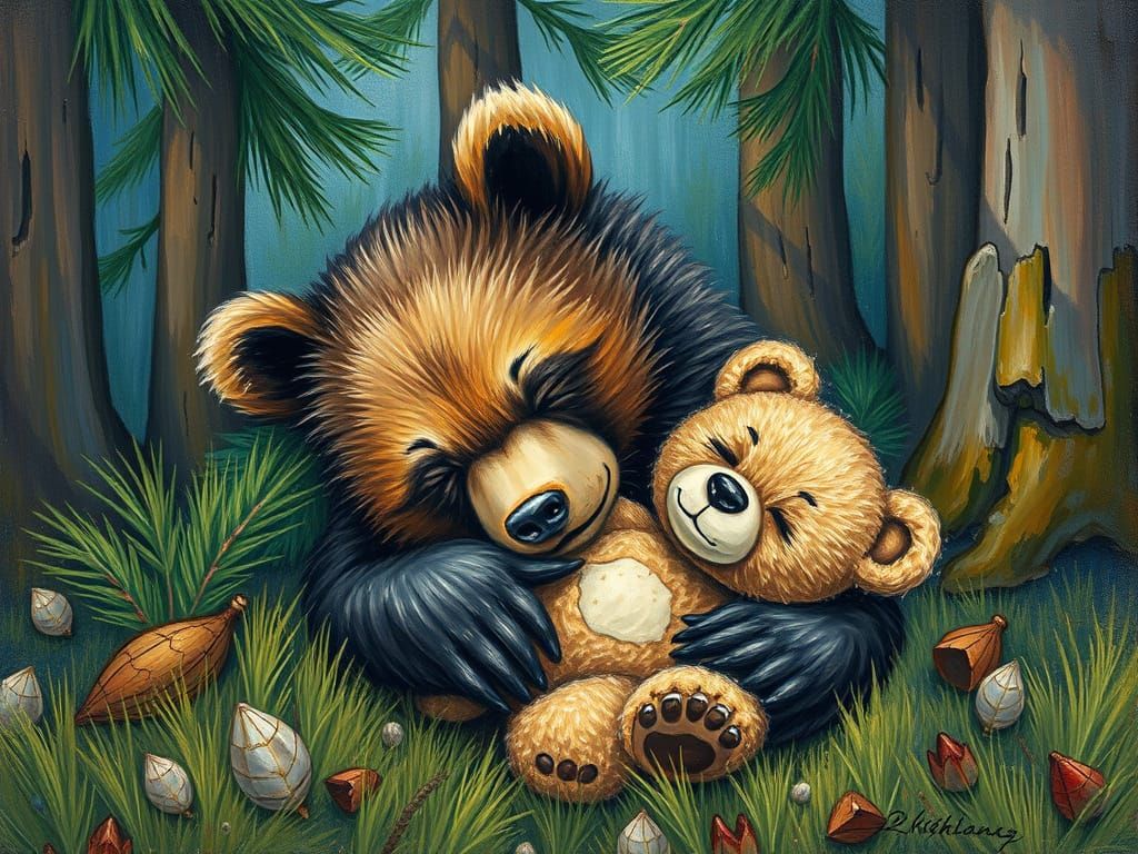 Young bear cub sleeping with a small ragged forgotten teddy ...