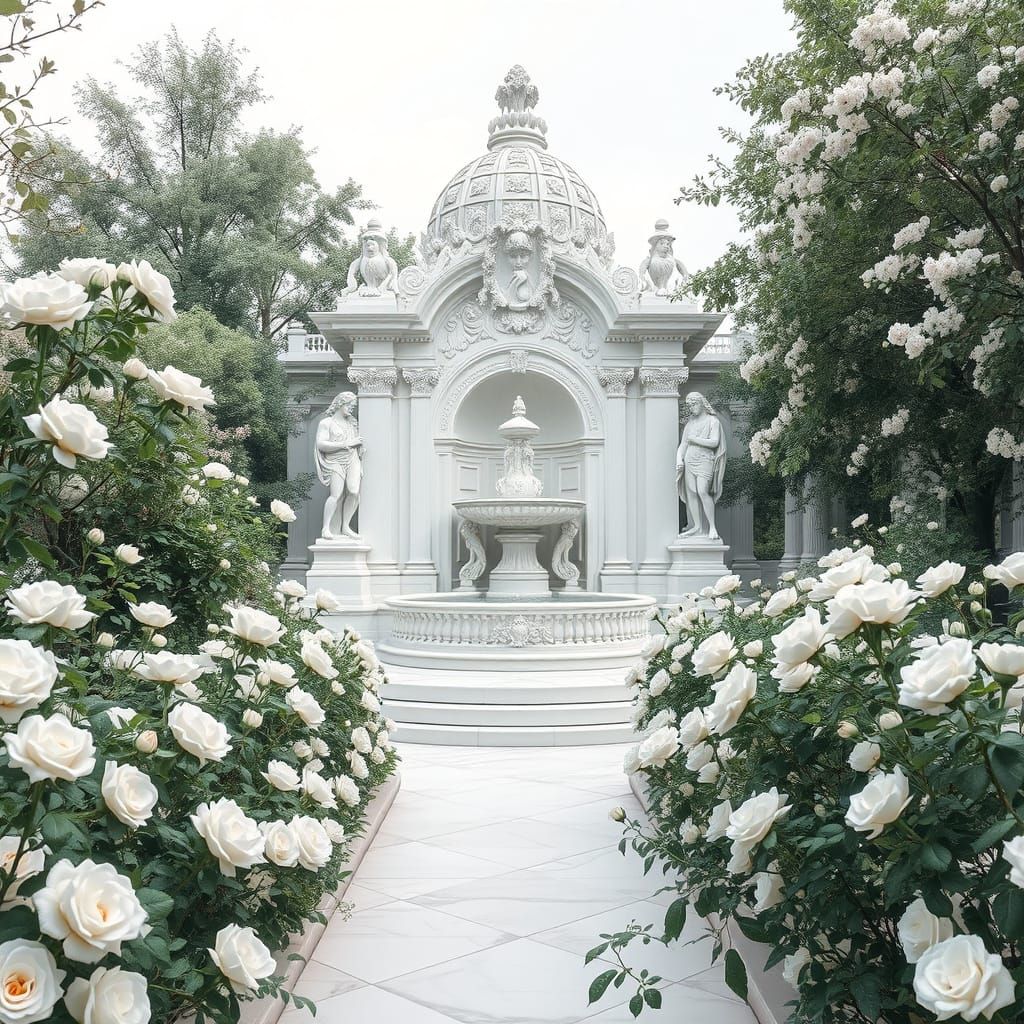 Ethereal White Rose Garden with Marble Fountain