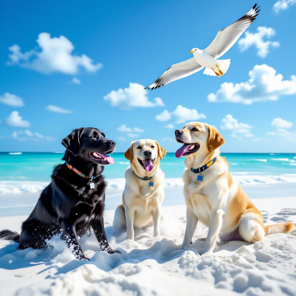 Labradors Play on White Sandy Beach, Photo-Realistic Style