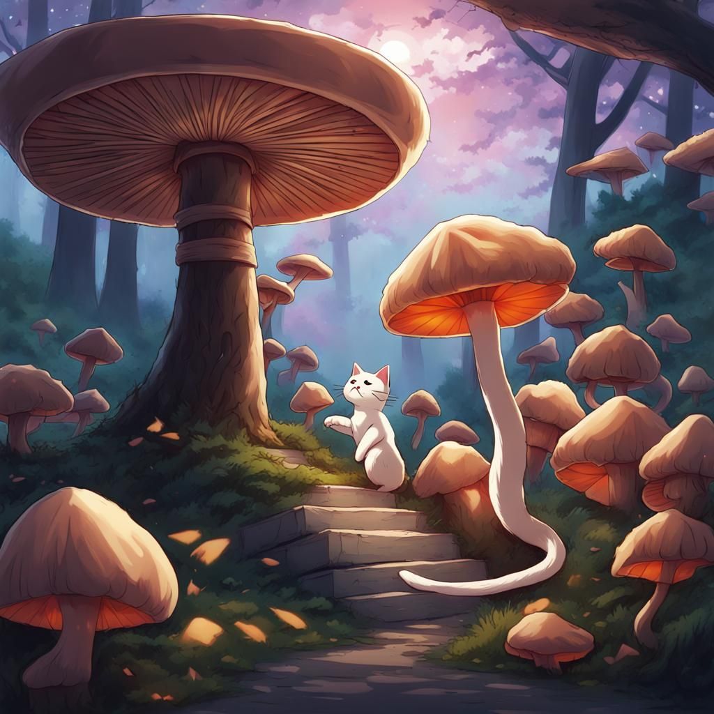 Cute Karate Cat Smiling with Mushrooms in Japanese Art Style